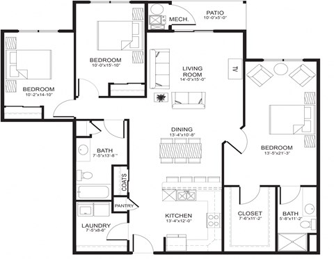 Floor plan for 3 beds, 2 baths, 1358 sqft
